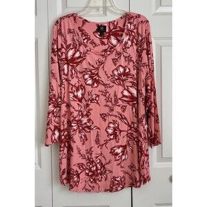JM Collection Women's Pink Floral Print 3/4 Sleeve Tunic Pull On Crew Neck Rayon